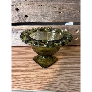 Indiana Glass Avocado Green Lorain Planter Pedestal Bowl Open Lace Edge 5"W MCM